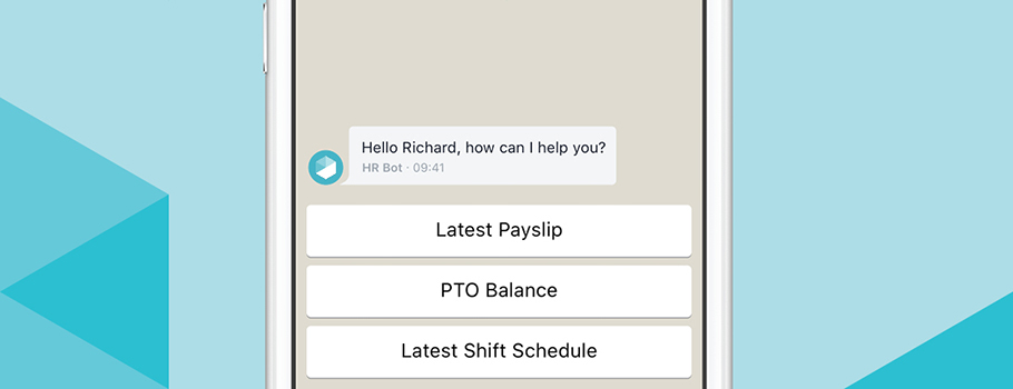 Employee asking an HR chatbot for PTO, payslip, and shift schedule using a mobile device.