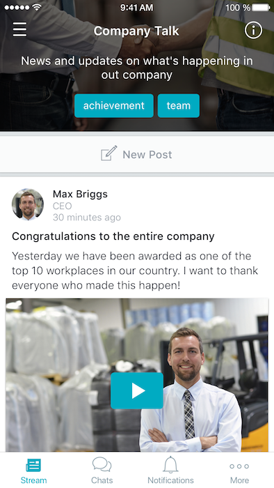 Screenshot of recognition using Beekeeper employee app.
