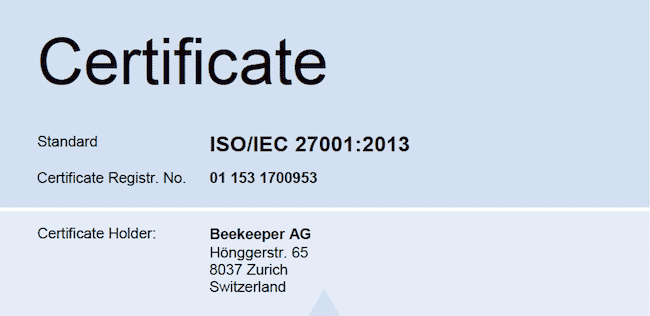Beekeeper ISO certificate