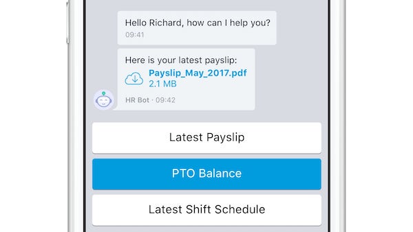 Beekeeper employee app chatbot showing PTO and payslips